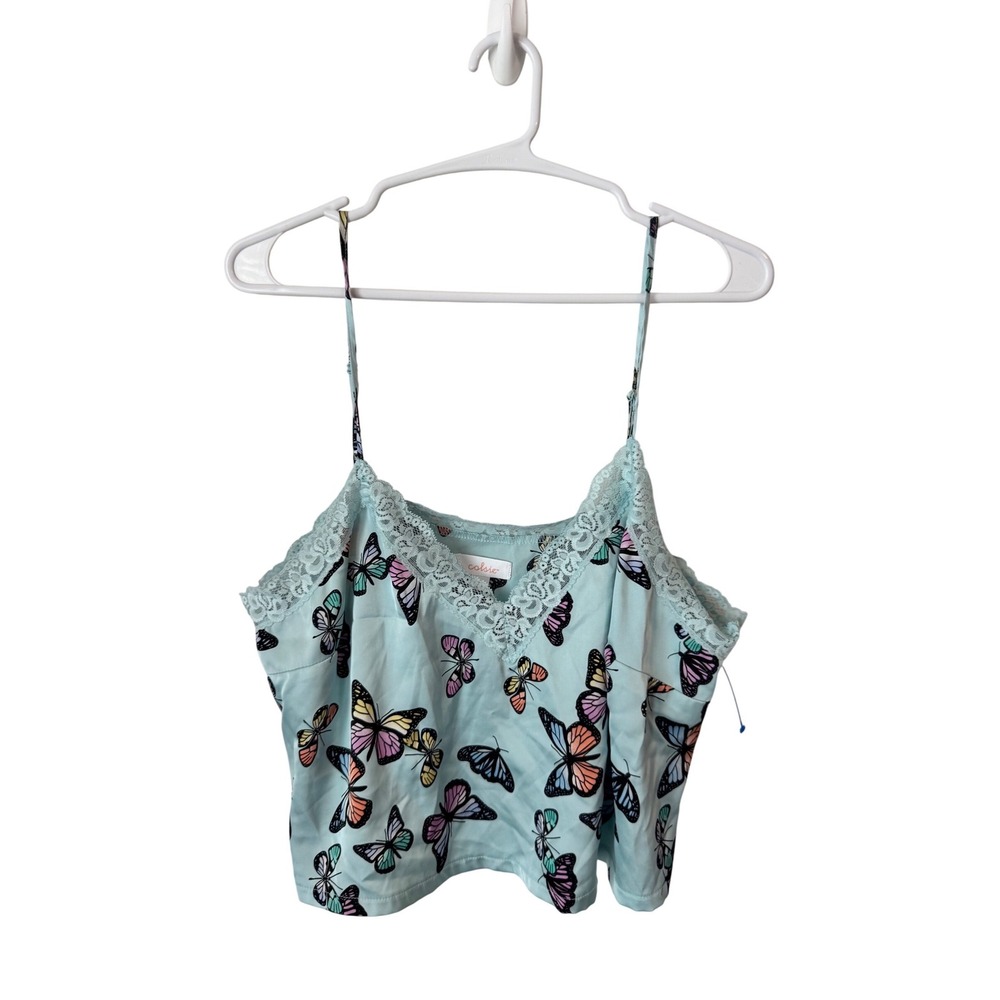 Colsie Mint Green Butterfly Print Satin Lace Trim‎ Camisole Sleep Top Large